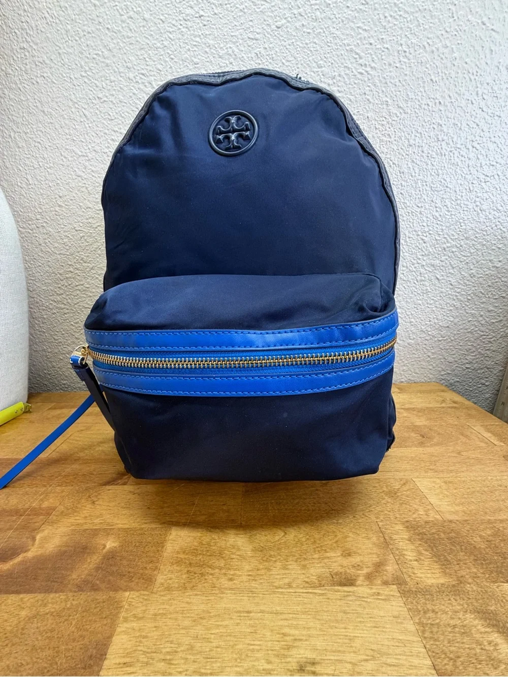 Tory Burch Perry Nylon Small Backpack Navy Blue Leather Trim Travel Bag Handbag